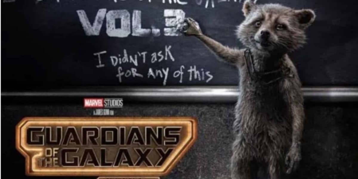 Rocket Raccoon sadly writing on a black board on the poster for Guardians of the Galaxy Vol. 3