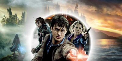 Harry Potter, Hermione Jean Granger and Ron Weasley with a background of a castle burning and on the side is a game called Hogwarts Legacy.