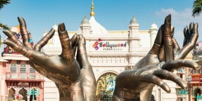 Hand statues at entrance to Bollywood Parks