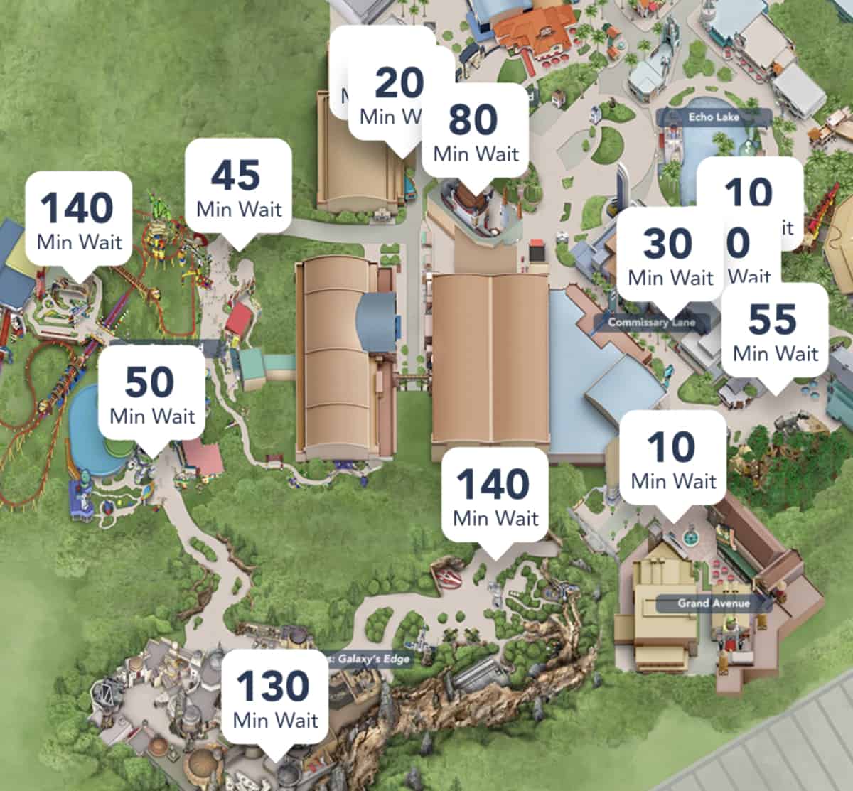 A screenshot from My Disney Experience of the wait times at Disney's Hollywood Studios