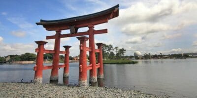 Japan pavilion at EPCOT with the lake and Spaceship Earth in the distance