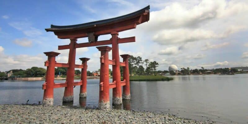Japan pavilion at EPCOT with the lake and Spaceship Earth in the distance
