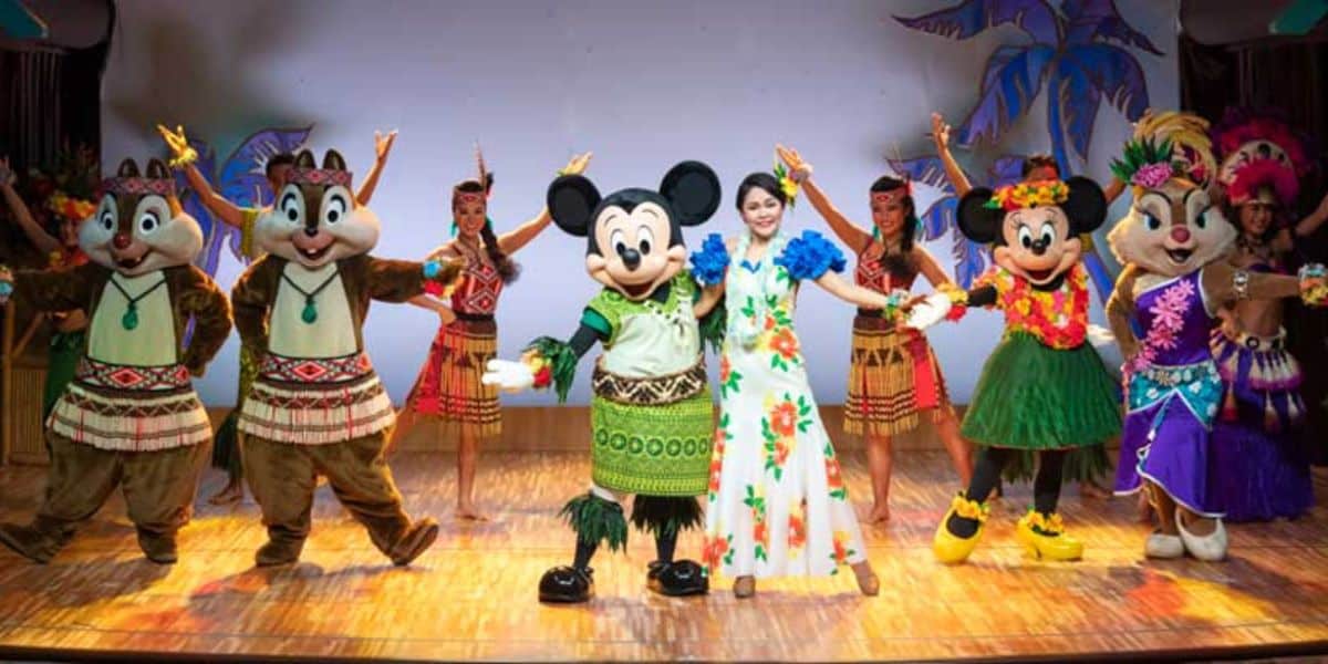 Mickey, Minnie, and other performers at Mickey's Rainbow Luau