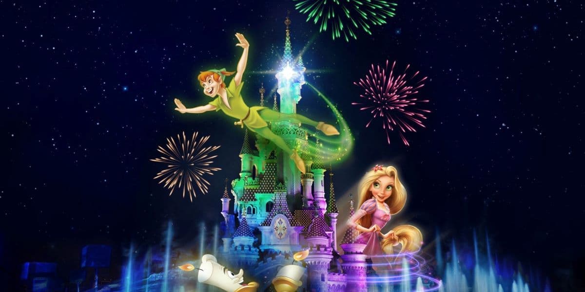 Peter Pan flies over Sleeping Beauty Castle with fireworks and Rapunzel next to him