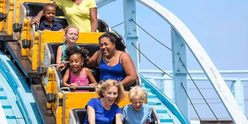 Riders scream on a roller coaster at Kings Island