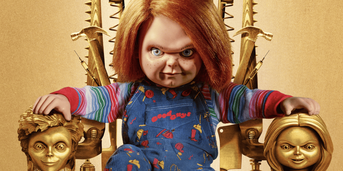 Chucky sitting on a golden throne
