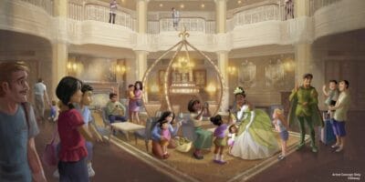 Tiana and Naveen meet with Guests in the lobby of Disneyland Hotel in newly-released concept art
