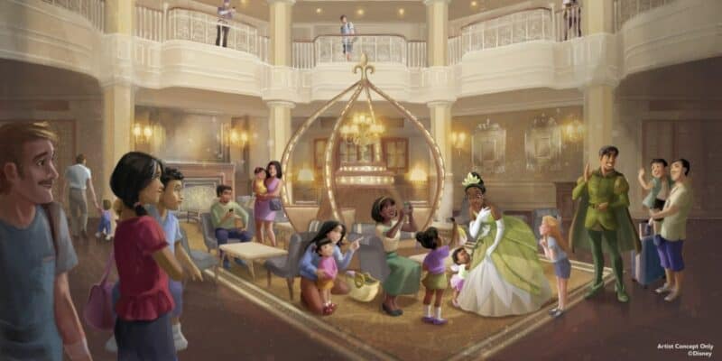 Tiana and Naveen meet with Guests in the lobby of Disneyland Hotel in newly-released concept art