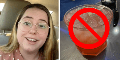 Left: A Disney Cast Member talking about Disney World drinking culture. Right: A pink drink in a clear glass with a large red circle with a line through it over it.