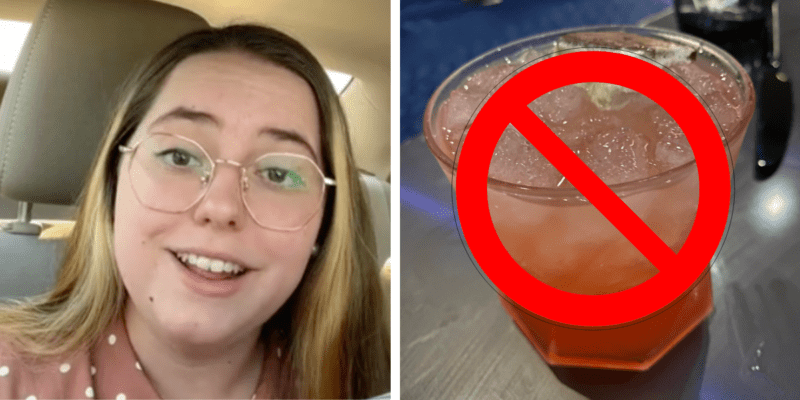 Left: A Disney Cast Member talking about Disney World drinking culture. Right: A pink drink in a clear glass with a large red circle with a line through it over it.