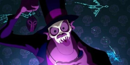 Dr. Facilier in a half-skull mask in a screenshot from Princess and the Frog
