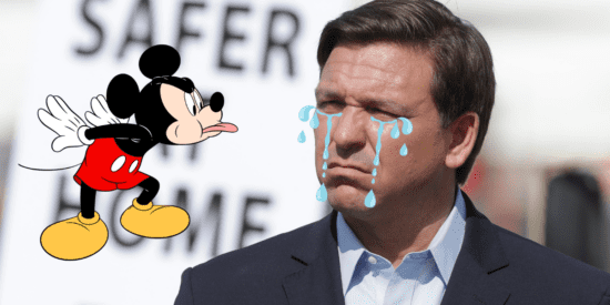 Mickey sticks out his tongue at a crying Ron DeSantis