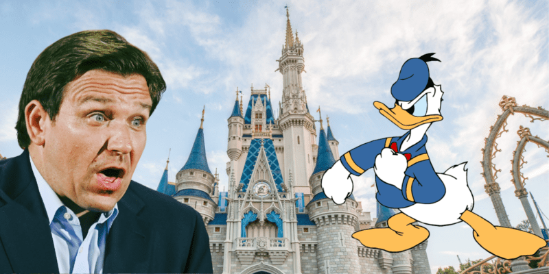 Ron DeSantis looking upset and Donald Duck looking angry in front of Cinderella Castle