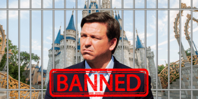 Ron DeSantis outside of jail bars in front of Cinderella Castle