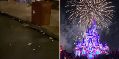 Left: Trash on the ground at Magic Kingdom. Right: Happily Ever After, a Walt Disney World fireworks show.