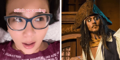 Left: A woman discusses her experience with an entitled parent at Disney World on TikTok. Right: Jack Sparrow, shown as an Animatronic on the Pirates of the Caribbean ride.