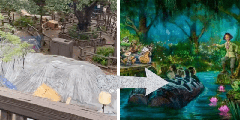 Left: A tarp covers up a portion of the Splash Mountain queue. Middle: A white arrow pointing from left to right. Right: A sketch of Tiana's Bayou Adventure, featuring Guests in a log traveling toward a Princess Tiana animatronic.