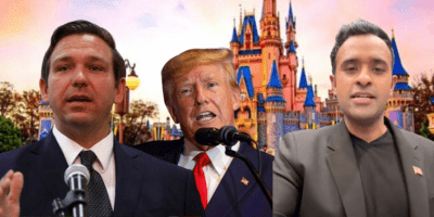 Ron DeSantis, Donald Trump,and Vivek Ramaswamy pictured in front of Cinderella Castle at Walt Disney World Resort.