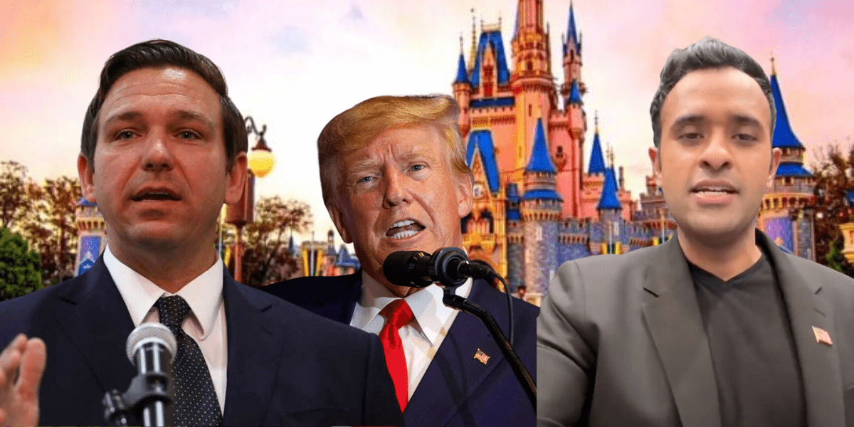 Ron DeSantis, Donald Trump,and Vivek Ramaswamy pictured in front of Cinderella Castle at Walt Disney World Resort.