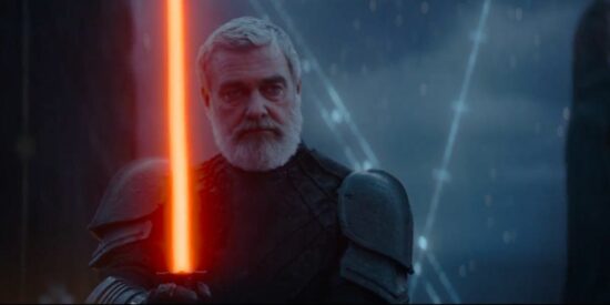 Baylan holding an orange colored lightsaber in the new Ahsoka trailer
