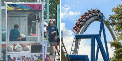 Left: A 13-year-old boy in a blue tee shirt sits inside a claw machine while a woman in a Carowinds shirt stands outside.