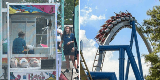 Left: A 13-year-old boy in a blue tee shirt sits inside a claw machine while a woman in a Carowinds shirt stands outside.