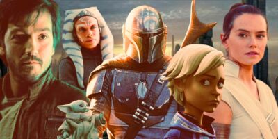 (L to R) Andor, Ahsoka, Grogu, Mando, Omega, and Rey (Background) Coruscant