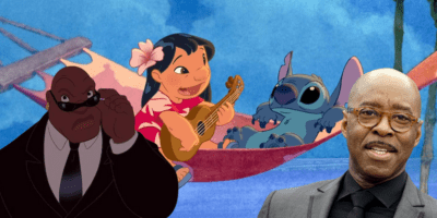 Cobra Bubbles in animated form next to Lilo & Stitch on a hammock. Courtney B. Vance poses on the red carpet.