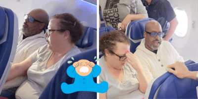 Two screenshots from a viral screaming airplane baby conflict. A man is yelling next to his wife. A clipart of a baby crying has been added over the screenshots.