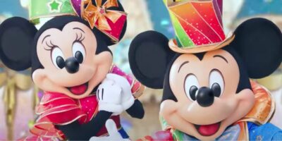 Mickey and Minnie in Tokyo Disneyland celebration outfits