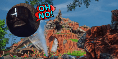 Overtop a photo of Splash Mountain at Disneyland, there is a photo of three Guests stuck in a log on the ride and blue text that reads "oh no!" in a red speech bubble.