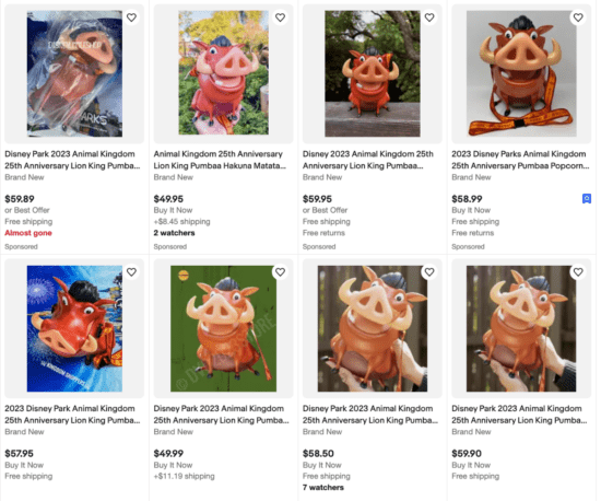 Eight different ebay listings from Disney resellers for the Pumbaa popcorn bucket. The cheapest is $49.99, the most expensive is $59.89.