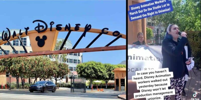 Left: The Walt Disney Studios entrance, Right: A Walt Disney animator calls for a walk out amidst union fight
