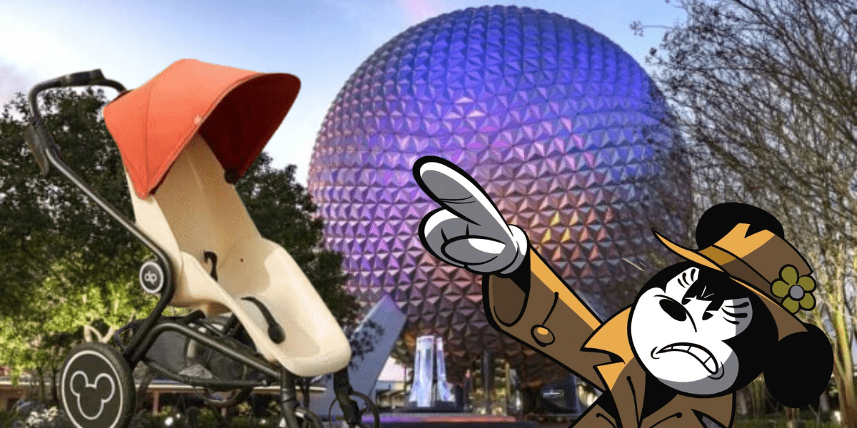 Detective Minnie Mouse pointing at a stroller, both overlayed on an image of Spaceship Earth in EPCOT at Walt Disney World.