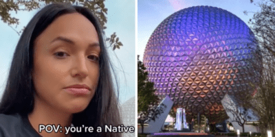 Left: A Disney World Guest looks into her phone camera after being harassed with the song "Savages" from 'Pocahontas'. Right: EPCOT's Spaceship Earth lit up at night.