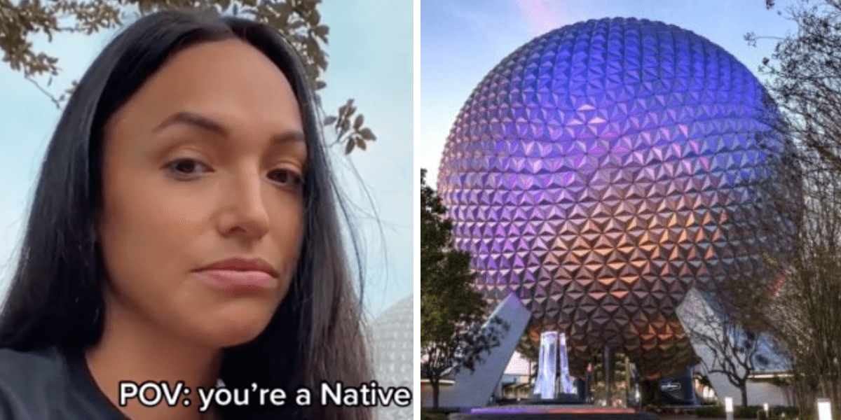Left: A Disney World Guest looks into her phone camera after being harassed with the song "Savages" from 'Pocahontas'. Right: EPCOT's Spaceship Earth lit up at night.