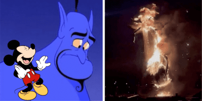 The Genie looks sad as Maleficent burns during the recent Fantasmic! fire. Mickey Mouse laughs.