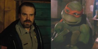 (L) Jim Hopper in Stranger Things (R) Michelangelo in Teenage Mutant Ninja Turtles 1990