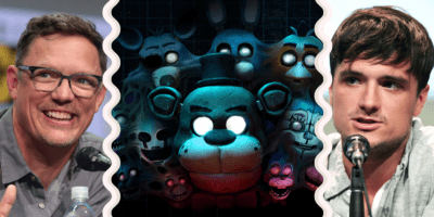 Matthew Lillard and Josh Hutcherson next to a Five Nights at Freddy's Poster