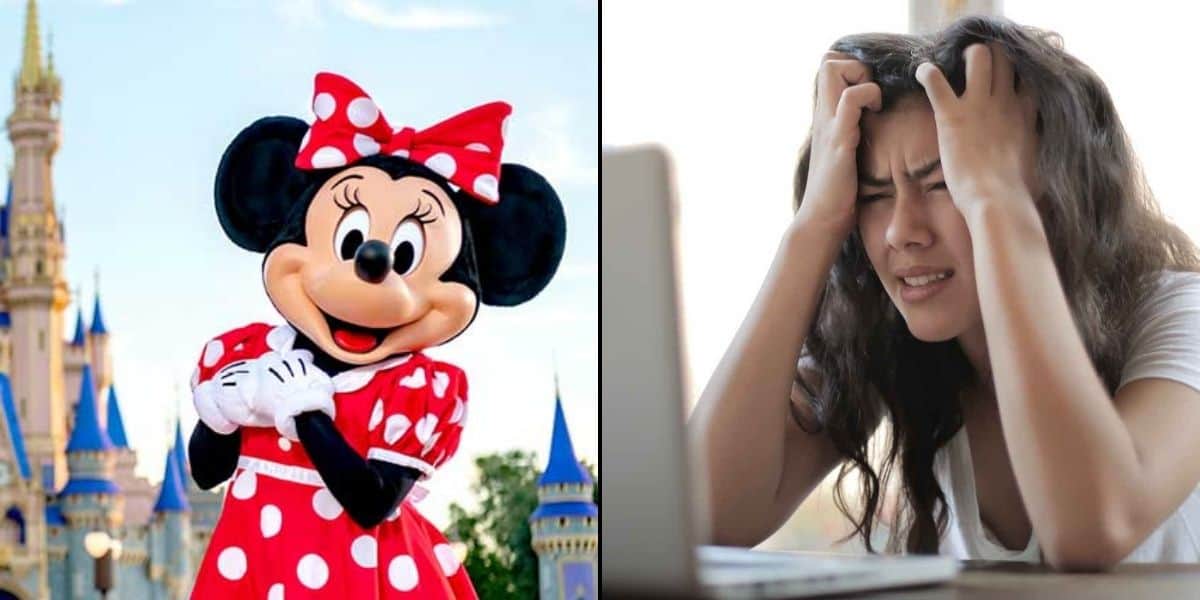(Left) Minmnie Mouse with her hands on her chest in front of the Cinderella Castle at Magic Kingdom. (Right) a woman with her arms on her head, signaling stress as she looks at a computer, likely purchasing Disney World tickets.