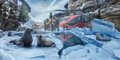 Walruses lie on the ice in SeaWorld Abu Dhabi's Arctic land