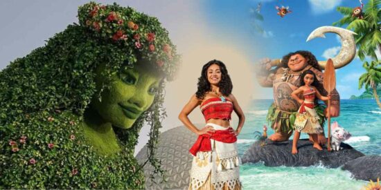 Moana poses infront of Te Fiti and an animated Moana and Maui poses along with a pig in a coast.