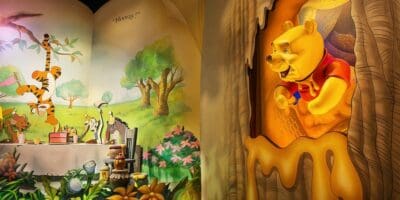 Winnie the Pooh laughs while covered in honey on Winnie the Pooh's Many Adventures ride in Disney World