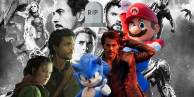 Avengers poster greyscale with RIP emoji tombstone, while video game characters (left to right) from The Last of Us HBO, Sonic the Hedgehog movie, Dungeons & Dragons: Honor Among Thieves, and The Super Mario Bros. Movie