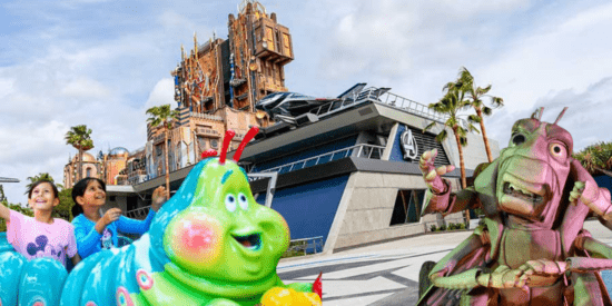 Heimlich’s Chew-Chew Train and Hopper from It's Tough to be a Bug, forgotten Disneyland attractions, in front of Avengers Campus