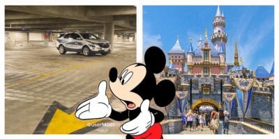 Collage of Disneyland image on the right and Disney Parking on the left, Mickey Mouse in the middle