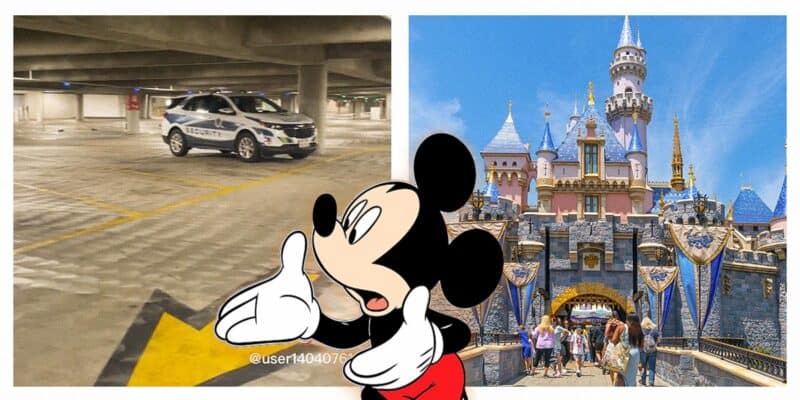 Collage of Disneyland image on the right and Disney Parking on the left, Mickey Mouse in the middle