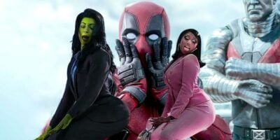 Deadpool (Ryan Reynolds) with hands on face, She-Hulk (Tatiana Maslany) and Megan Thee Stallion, edit