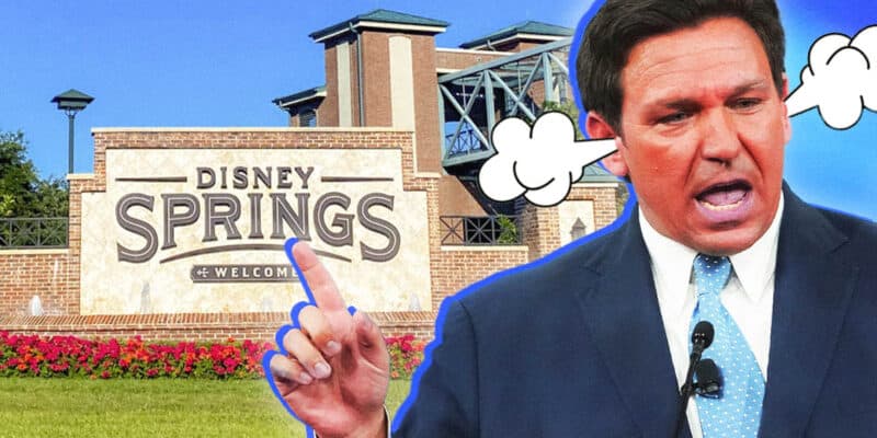 Angry DeSantis talking on the left and Disney Spring image on the right side.