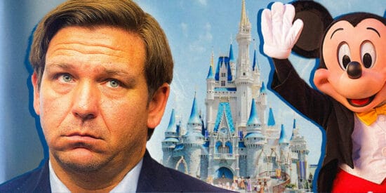 Sad DeSantis, looking at Mickey Mouse. Disney World Castle as a background